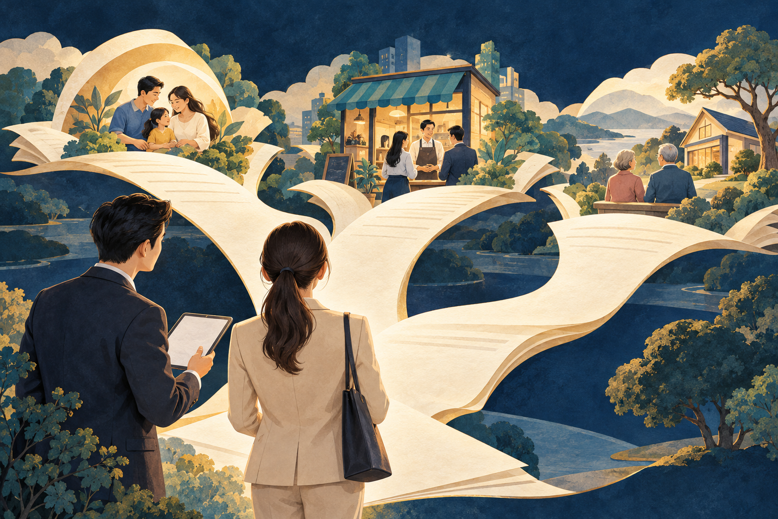 插圖：不同路徑通往家庭、小商家與退休夫妻，象徵依需求比較方案